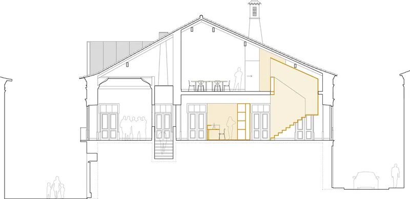 Section drawing revealing double-height spaces with a staircase and pitched roof with tower