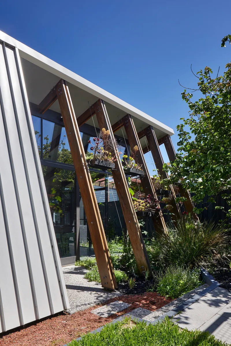 Angled timber columns supporting a glazed pavilion beside planted beds under a clear blue sky