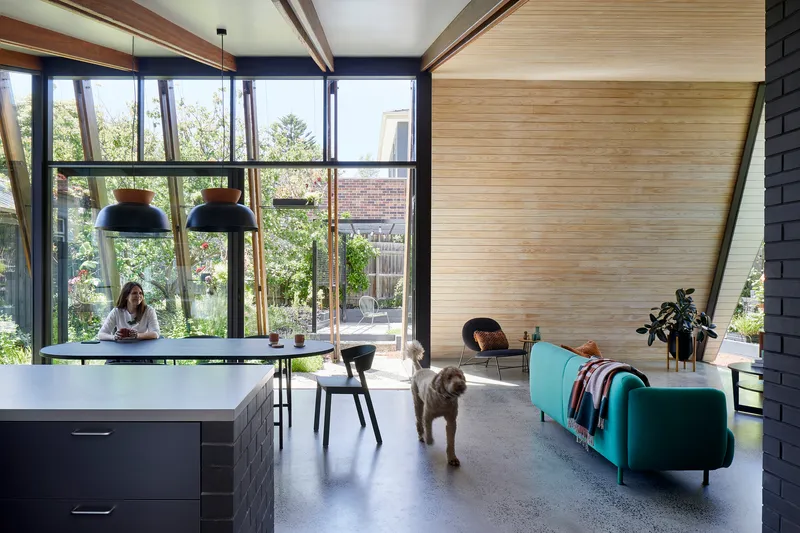 Living area with light timber wall and polished concrete floor as a dog walks through the space