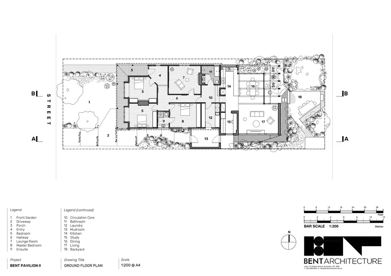 Ground floor plan drawing showing rectangular layout with central core and surrounding garden areas
