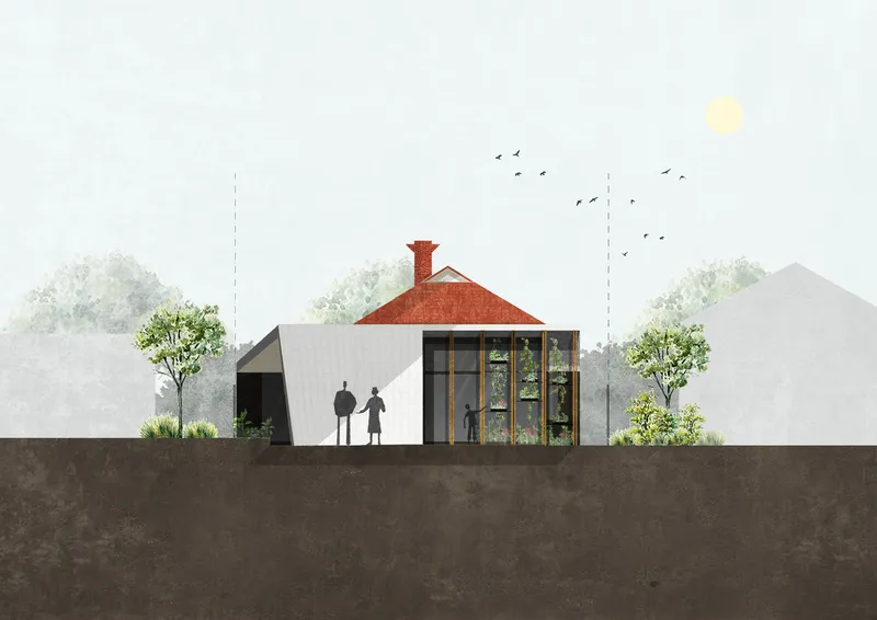 Section drawing illustrating the red tiled roof pavilion and glazed extension with figures and trees