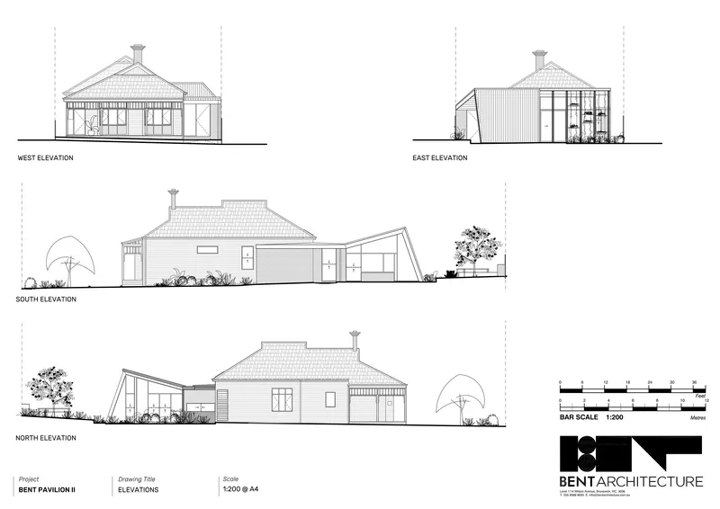 Elevation drawings showing west, east, south and north facades with tiled roof and chimney