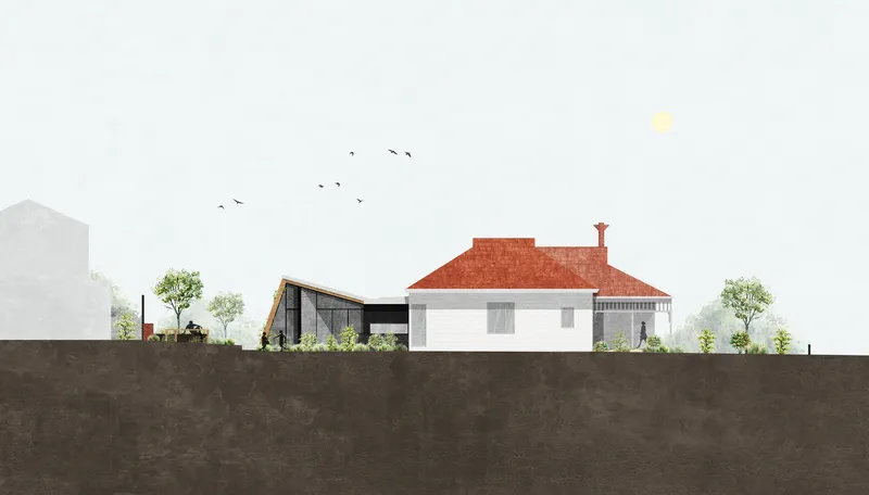 Section drawing depicting the red tiled roof volume and attached pavilions with flying birds overhead