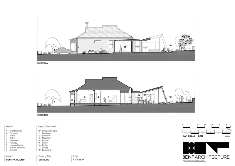 Section drawings showing interior spatial relationships between the main pavilion and glazed extensions with landscape