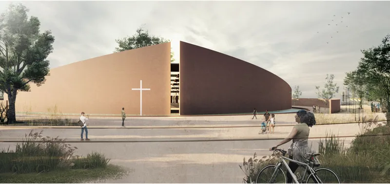 A contemplative entrance where sacred architecture, light, and landscape guide visitors toward a spiritual journey.