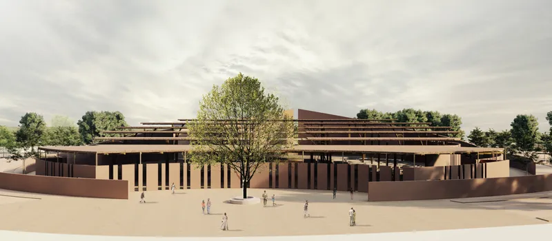 The Eco-Chapel's circular form creates a powerful landmark, blending community space with sustainable design principles.