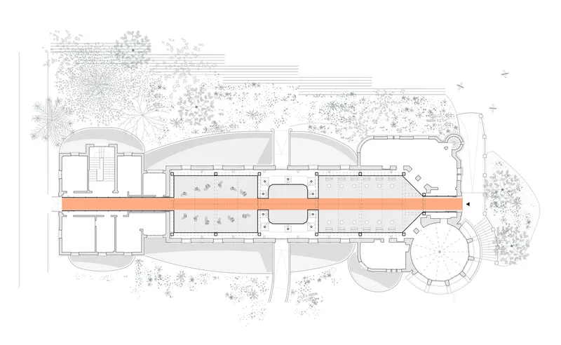 Floor plan drawing showing linear gallery spaces with vaulted rooms and surrounding landscaped grounds