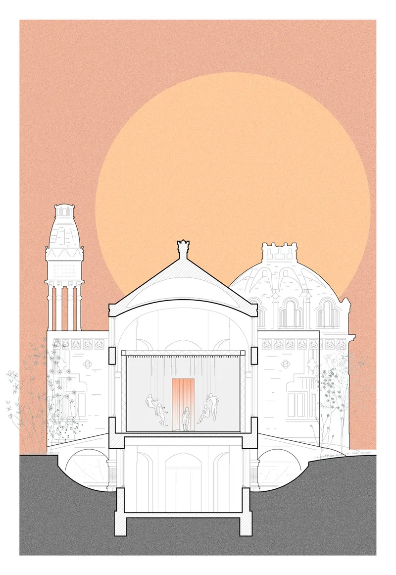Section drawing through domed central hall with towers and arched lower level against sunset gradient