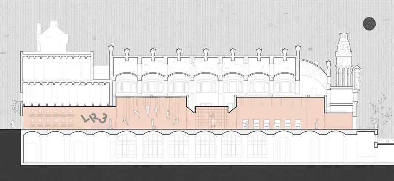 Longitudinal section drawing revealing arcaded galleries, vaulted ceiling and circulation routes