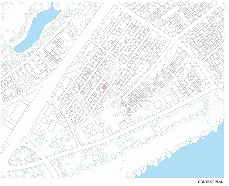 Context plan drawing showing the building site highlighted in pink within a residential neighbourhood near two water bodies