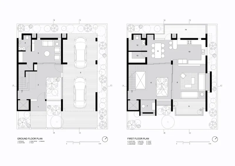 Ground and first floor plan drawings showing the parking garage with two vehicles and upper living spaces with terraces