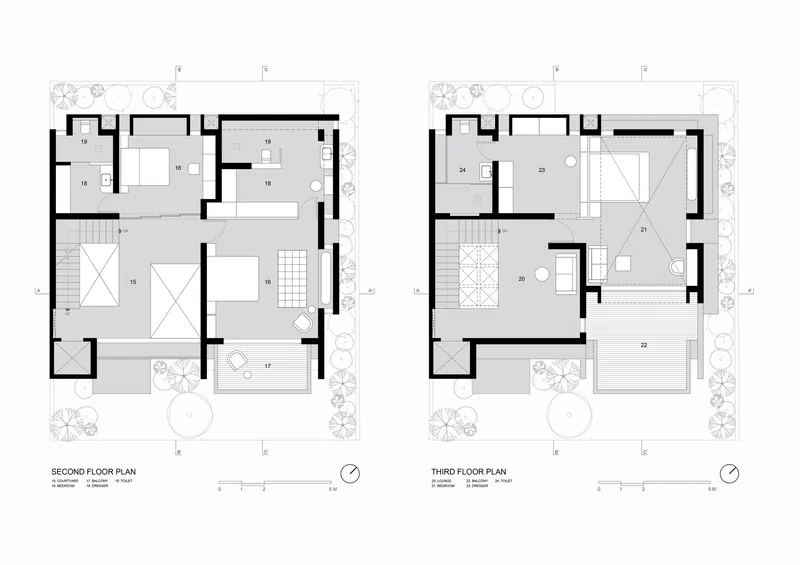 Second and third floor plan drawings showing bedroom layouts and a rooftop terrace with open-air space