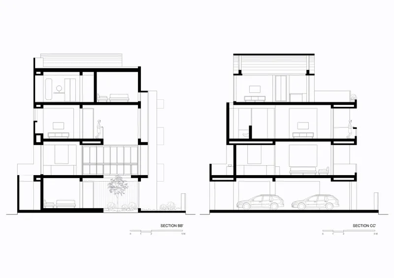 Section drawings showing the four-storey interior arrangement with double-height spaces and staircase connecting all levels
