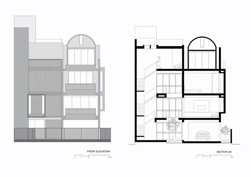 Front elevation and section drawings showing the arched openings, horizontal louvres, and central void with planted courtyard