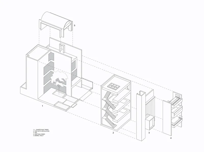 Exploded axonometric drawing showing the layered assembly of walls, stairs, and a rooftop structure