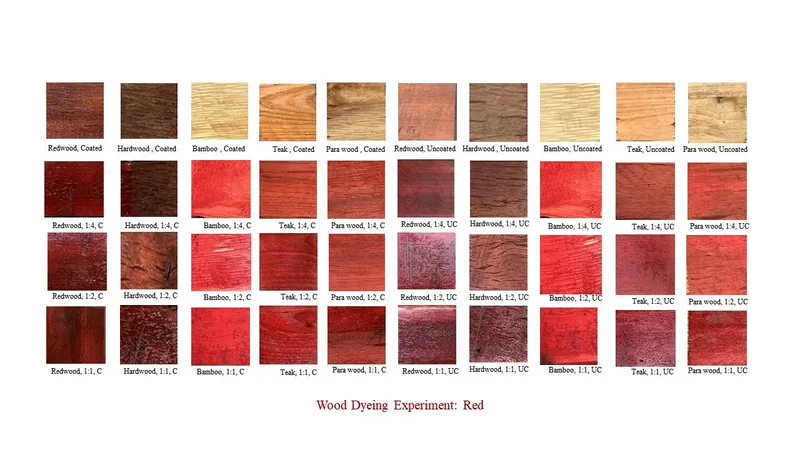 Chart displaying red wood dye experiments on various species with labeled coating and stain variations