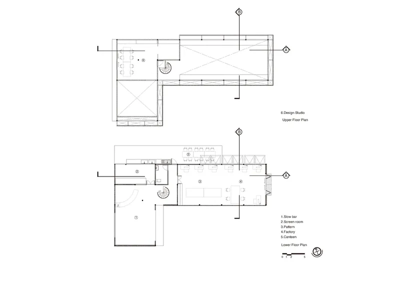 Floor plan drawings showing upper and lower levels with stair and room layout