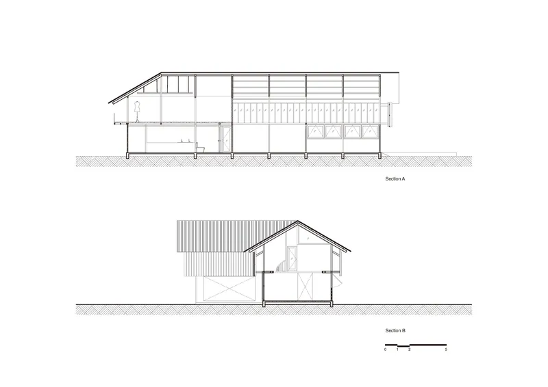 Building section drawings showing interior spatial arrangements and pitched roof profile