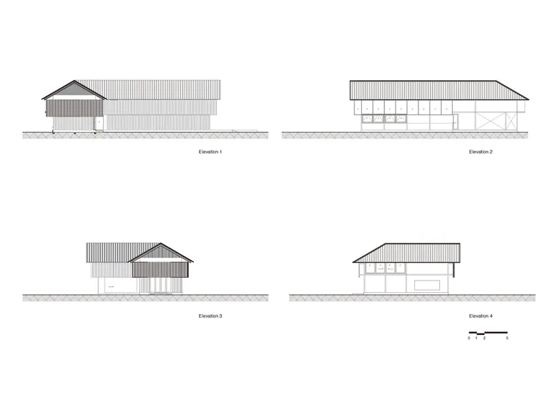 Elevation drawings showing four views of a gabled structure with vertical siding and varying window configurations