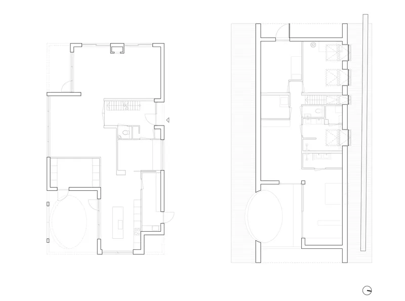 Floor plan drawings displaying ground and upper levels with central curved element