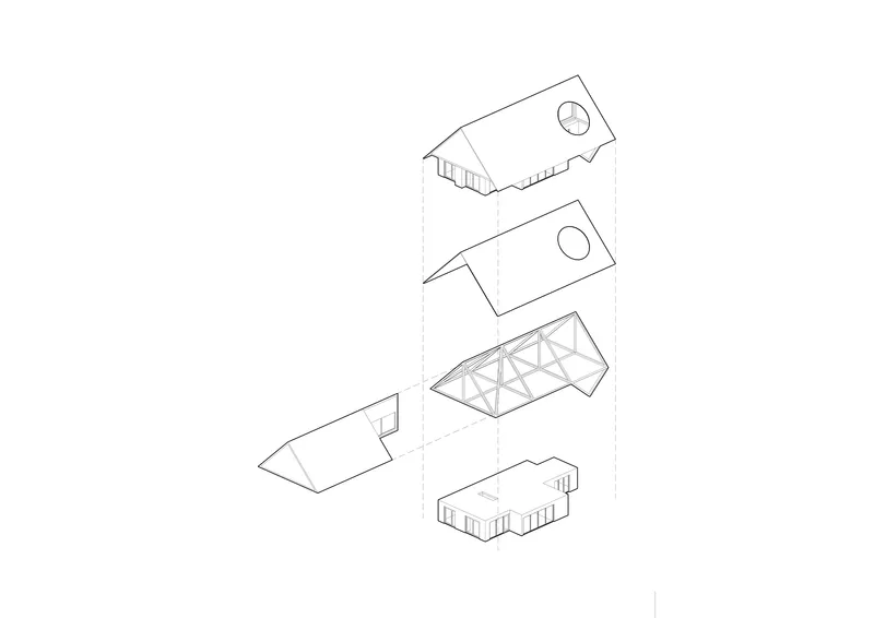 Exploded axonometric drawing showing five building volumes including two pitched roof forms and a triangulated glazed pavilion