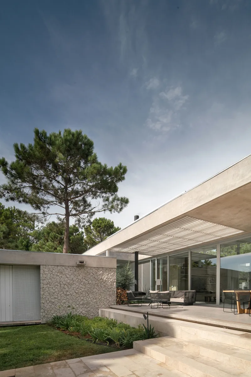 Covered terrace with cantilevered timber soffit beside a stone accent wall and lawn with pine trees