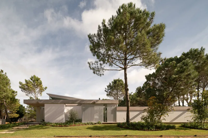 Horizontal elevation showing ribbed cladding panels and low-pitched roof amid mature pines