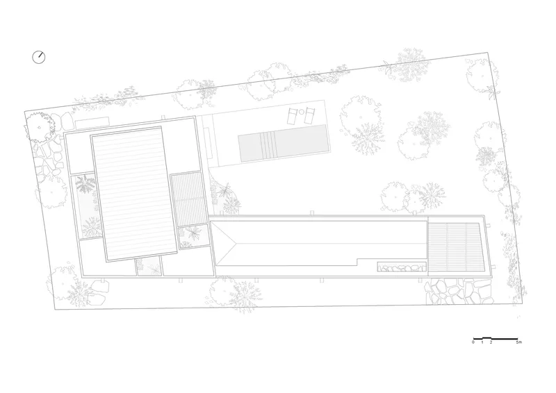 Roof plan drawing showing angled volumes with decking and surrounding landscape