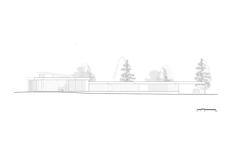 Elevation drawing showing a horizontal composition of low volumes with vertical screens and scattered conifer trees
