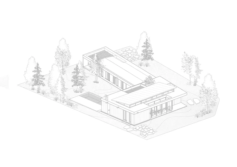 Axonometric drawing illustrating interlocking volumes with courtyards and surrounding conifer trees on sloping terrain