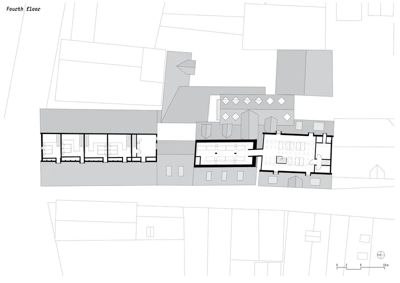 Fourth floor plan drawing showing reduced footprint with rooftop terrace and enclosed dining area