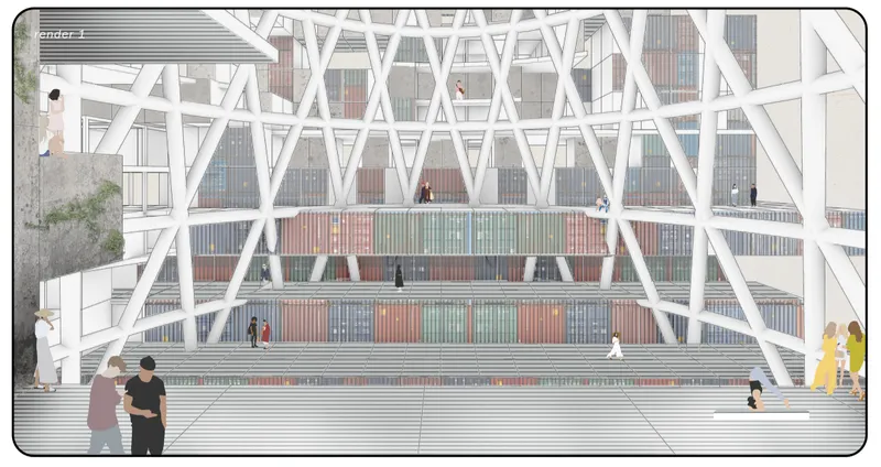 Central communal atrium framed by a dramatic diagrid structure and stacked living modules.