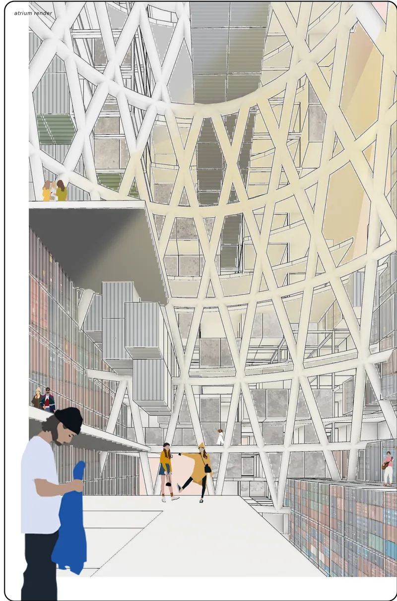 Atrium view revealing the layered relationship between modular units, bridges, and structural diagrid elements.