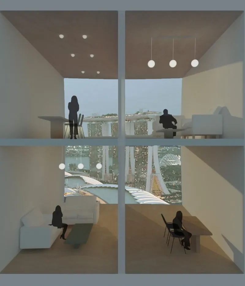 Flexible Venn Rooms overlooking Singapore, combining private living, work, and virtual communication.