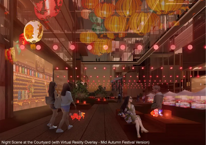 Immersive courtyard transformed by virtual reality overlays for a vibrant Mid-Autumn Festival experience.