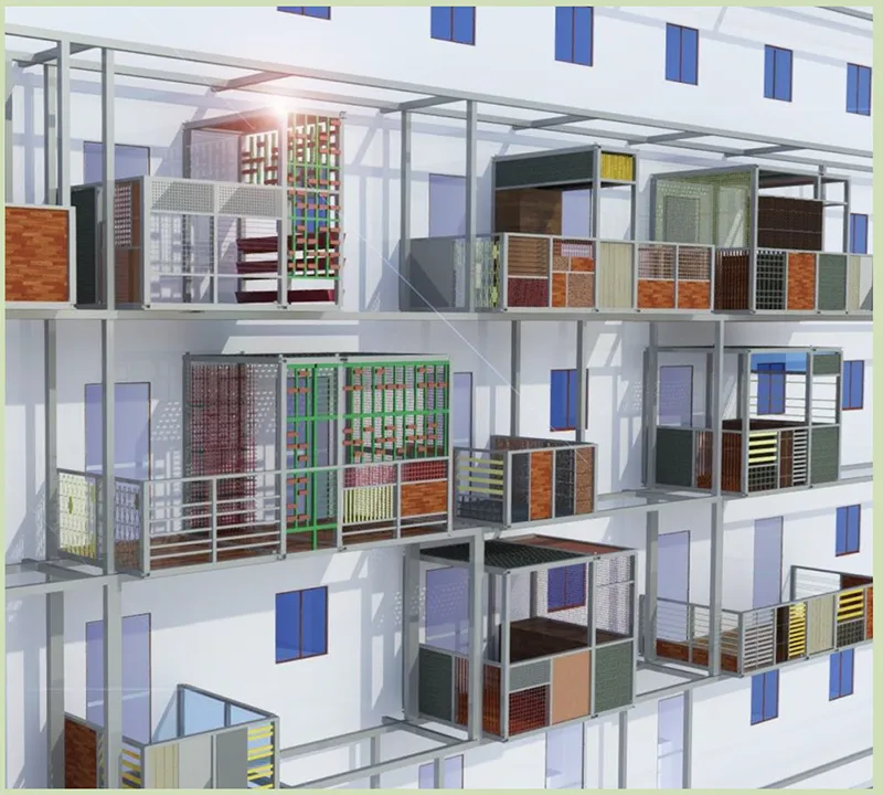 Modular balcony units with varied materials and enclosures.