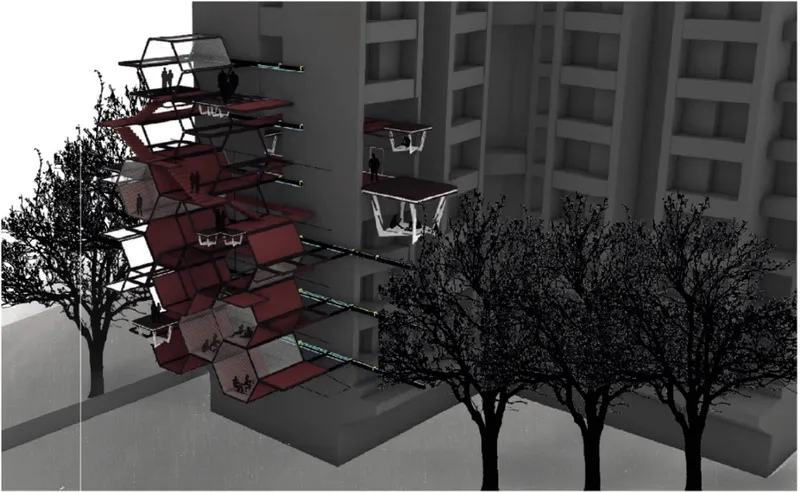 Honeycomb modules attach to high-rise façades, forming flexible public spaces and sleeping hubs for urban campers.