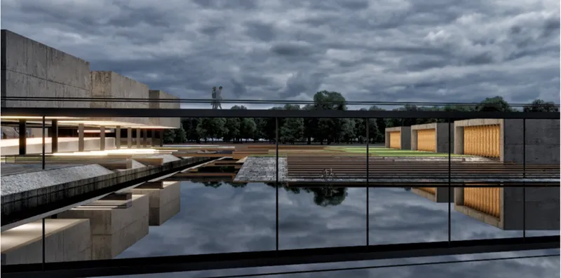 Reflecting pool with concrete platforms and glass-enclosed pavilions under a stormy sky at dusk