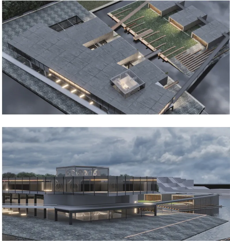 Aerial view of rooftop courtyards with planted gardens and timber walkways between illuminated glass pavilions