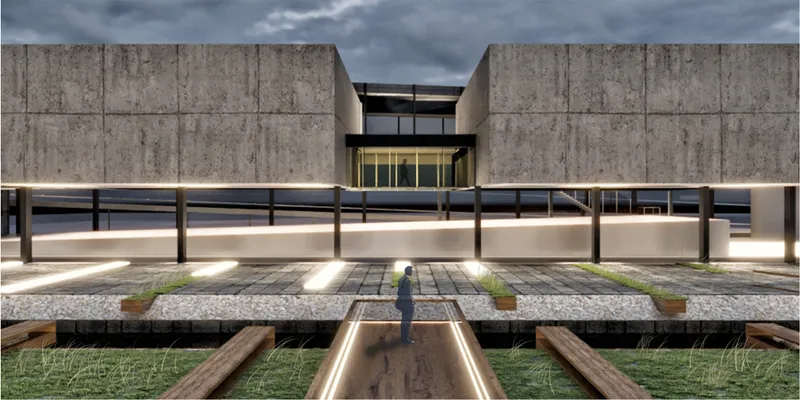 Concrete entrance facade with horizontal light strips and a single figure walking through the central plaza