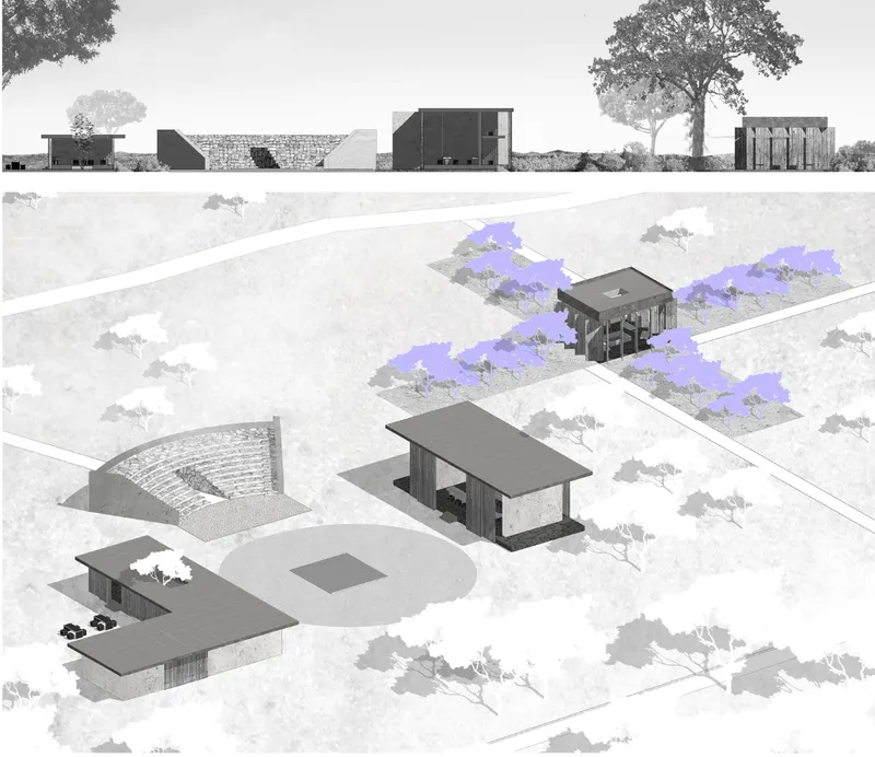 Site axonometric showing chapel buildings, stepped gathering space, and tree-lined landscape interventions.