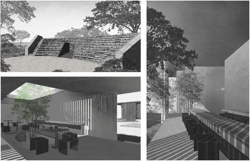 Communal seating and shaded gathering spaces extend the chapel into nature.
