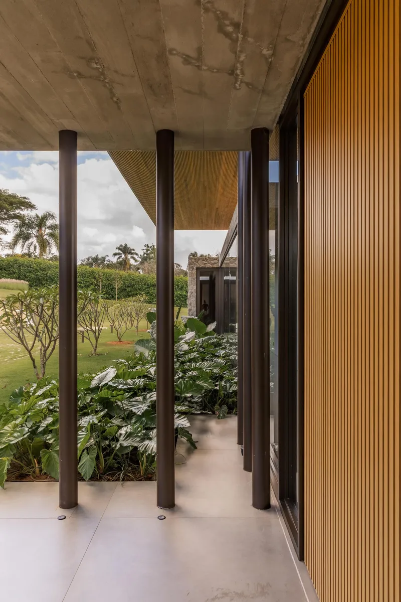 View through round steel columns past tropical foliage toward the lawn and concrete soffit above
