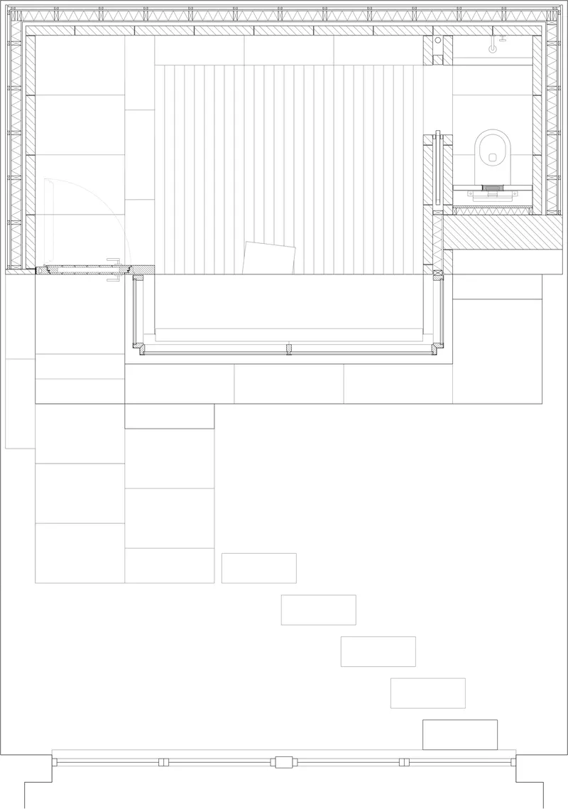Floor plan drawing showing a rectangular space with linear deck and descending stair sequence