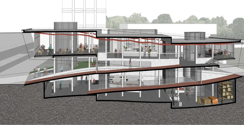 The sectional view reveals a multi-level café experience where circulation, learning, roasting, and gathering overlap.