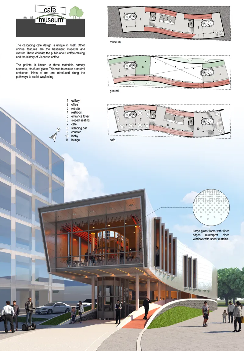 The Funnel combines café, museum, and roaster programs within a cascading architectural form shaped by movement and urban context.