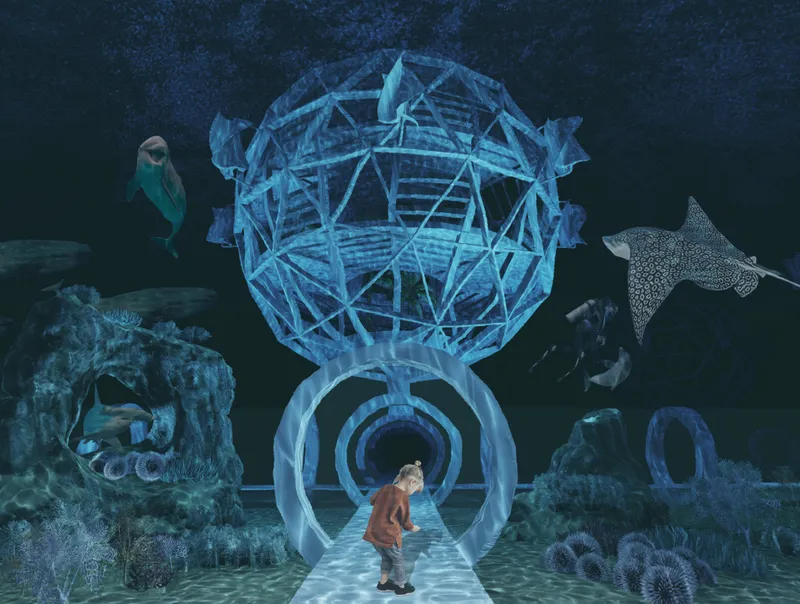 Submerged spherical habitat on a pedestal with circular tunnel entry and a child walking toward it