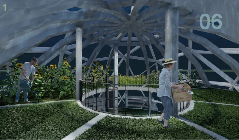 Interior garden terrace with raised planting beds and two figures tending sunflowers beneath a geodesic dome