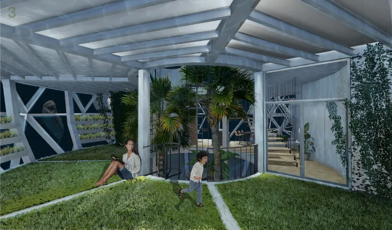 Open lawn area with cylindrical glazed entrance pavilion and people sitting on grass under a vaulted ceiling
