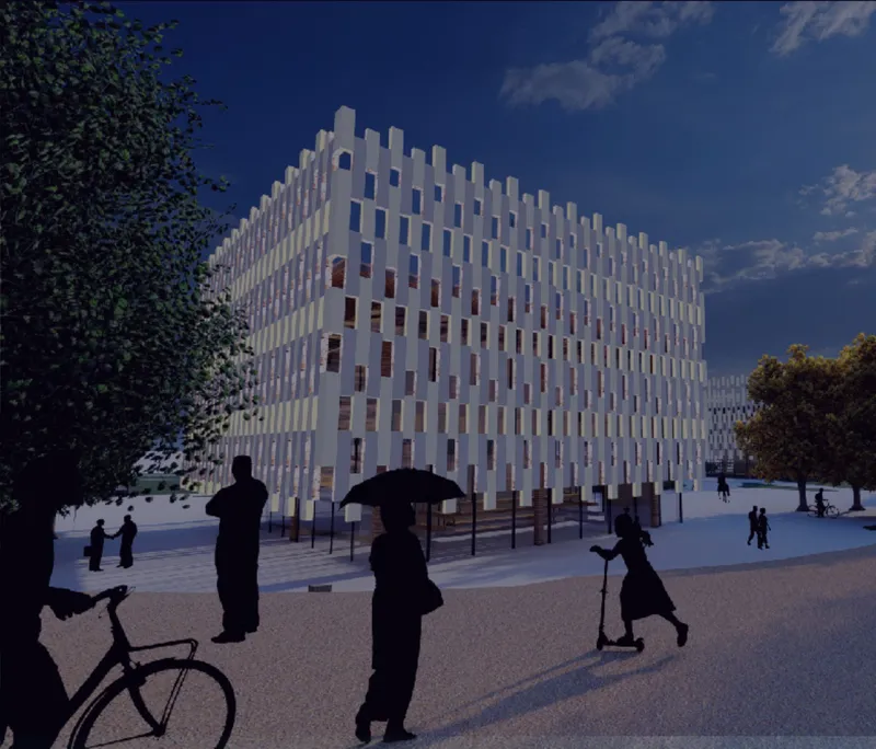 The foldable screen facade gives the sports hub a changing identity for daily use and major event gatherings.
